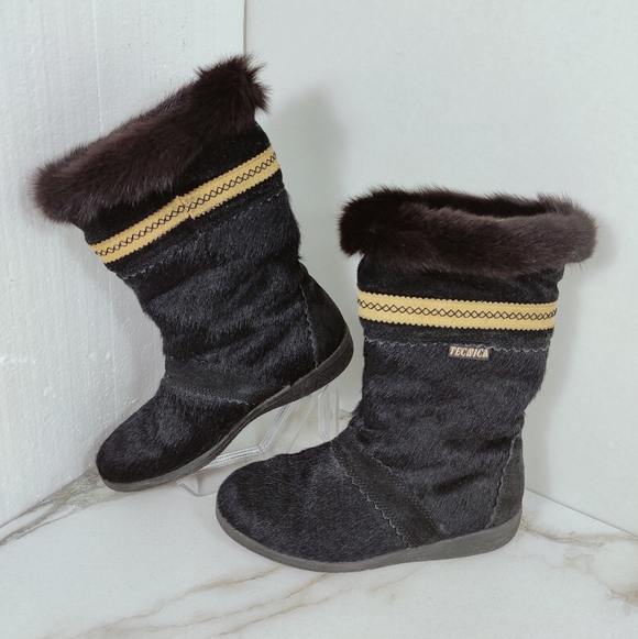 VTG Tecnica Black Goat Fur Aztec Style Trim Apres Ski Winter Snow Boots, 6 - Picture 3 of 8